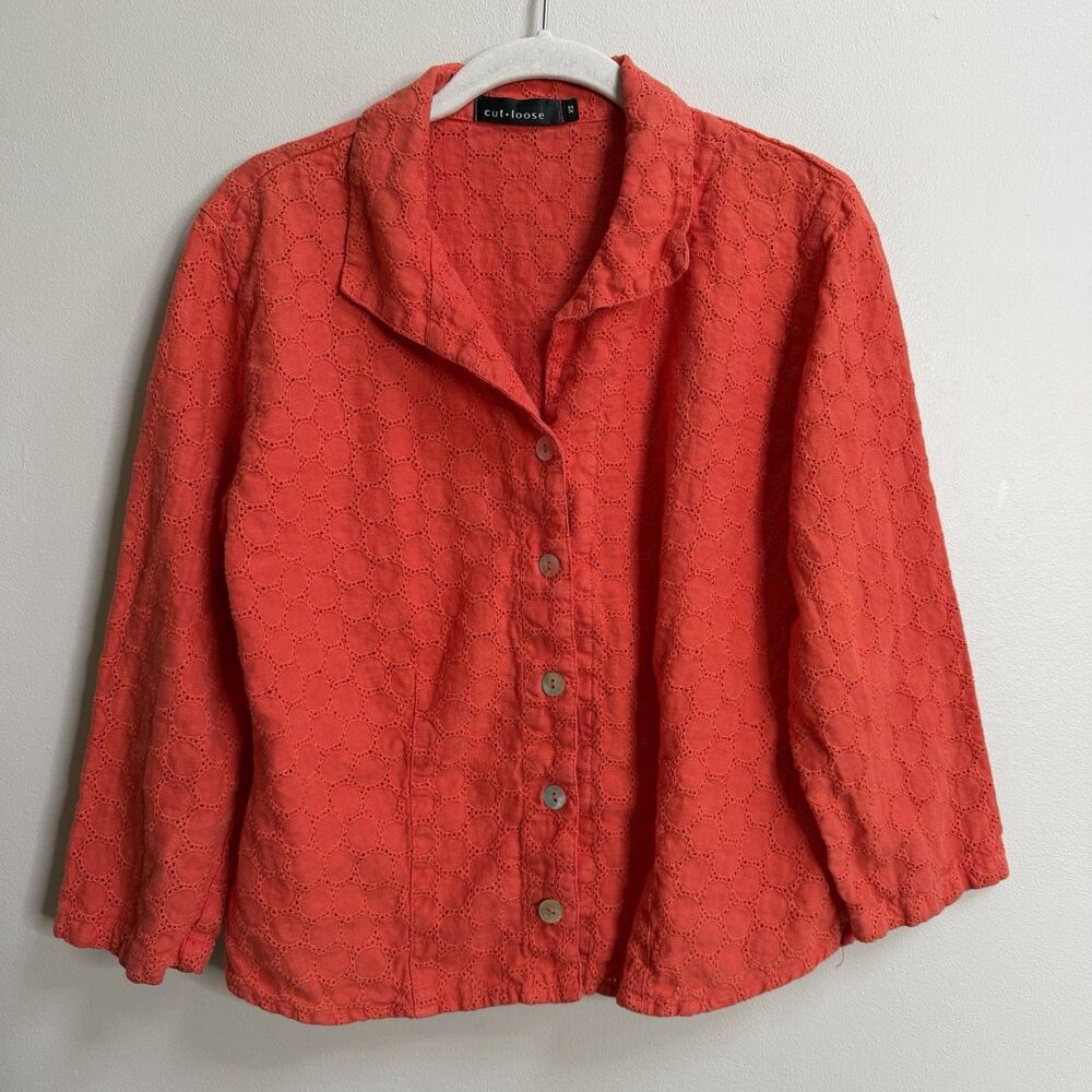 Cut Loose Orange Embroidered Eyelet Linen Button Down Shirt Blazer Jacket XS